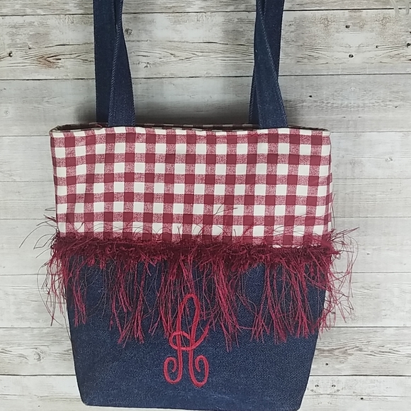 None Handbags - Fashion Tote, Red/white Gingham and blue Denim "Alabama" tote Bag.